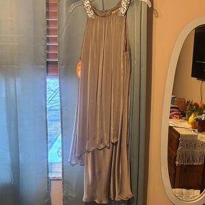 Midnight Velvet Taupe High Low Dress with Sequin Accents